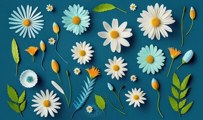  paper flowers and leaves on a blue background with green leaves and flowers in the middle of the image, with a blue background with a blue background.  generative ai