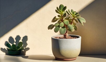  a potted plant sitting on a table next to another potted plant on a table with a shadow cast on the wall behind it.  generative ai