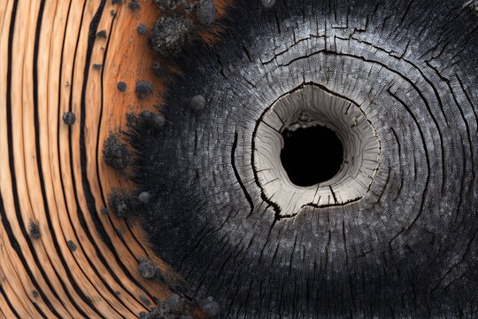 An empty black hole on a tree trunk is shown in full frame detail. Generative AI