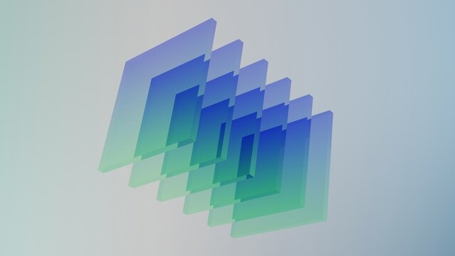 A blue and green rectangles transparent glass with gradient colors 3d rendering