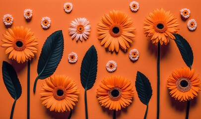  a group of orange and white flowers on an orange background with leaves and petals on the bottom of the petals and the petals on the top of the petals.  generative ai