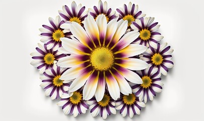  a white and purple flower with yellow center surrounded by other flowers on a white background, top view, from above, in a circular arrangement.  generative ai