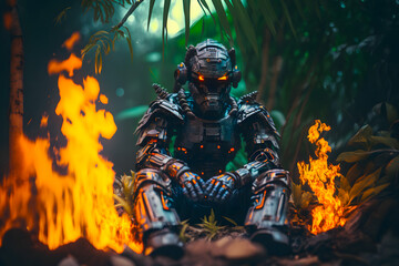 Fototapeta premium Alone humanoid robot is warming up by a fire on a desert island in a rainforest jungle. The concept of technology survival in difficult conditions of natural selection. Generative AI