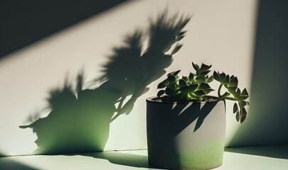  a potted plant casts a shadow on the wall of a room with a white wall behind it and a shadow of a plant on the wall behind it.  generative ai