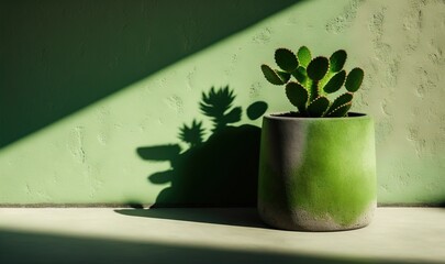  a green potted plant sitting next to a green wall with a shadow of a plant on the wall and a shadow of a plant on the wall.  generative ai