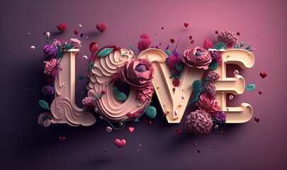  the word love is made up of flowers and hearts on a purple background with a pink background and a purple background with a pink background.  generative ai