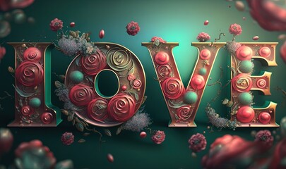  the word love is surrounded by red flowers and petals on a green background with a blue sky in the background and a red rose in the center of the letters.  generative ai