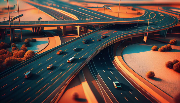 The concept of highways of the future in a fictional world. Created with Generative AI technology