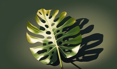  a large green leaf on a green background with a shadow of a leaf on the left side of the image and a green background with a shadow of a green leaf on the right side.  generative ai