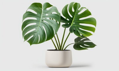  a plant in a white pot with a large green plant in it's middle of the pot, on a white surface, with a white background.  generative ai