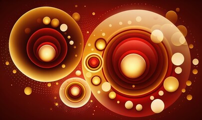  a red and yellow abstract background with circles and bubbles on a red background with a black background and a white circle on the bottom of the.  generative ai
