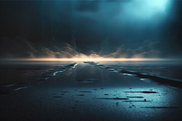 Dark street, reflections of rays in the water, wet asphalt. Abstract dark blue background, smoke, smog. AI
