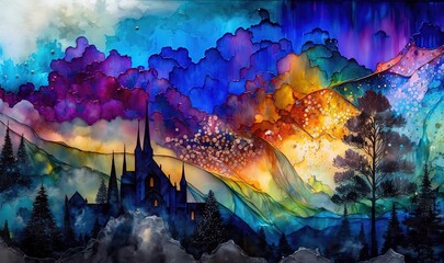  a painting of a castle in the sky with a rainbow of clouds and trees in the foreground and a rainbow of clouds in the background.  generative ai