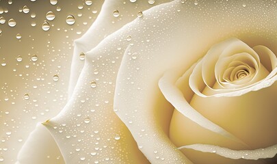  a close up of a white rose with drops of water on the petals and on the petals is a brown background with white dots and a gold background.  generative ai - obrazy, fototapety, plakaty