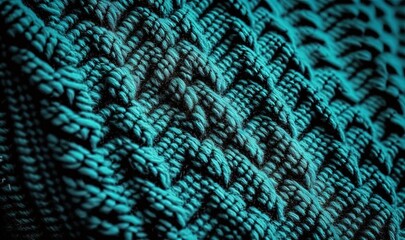  a close up of a knitted material with a blue color and a pattern on the side of the material, with a black background.  generative ai