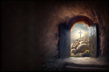 Empty tomb at dawn. Easter concept. AI