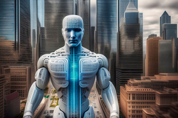 Digitally generated image of a robot with artificial intelligence, with city background