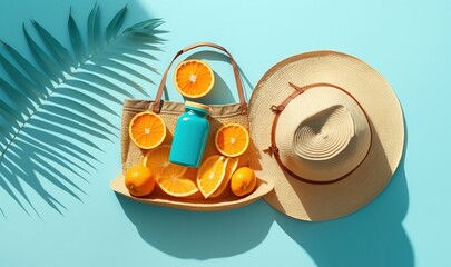  a straw hat, a straw bag, and orange slices on a blue background with a palm leaf and a blue bottle of water on the side.  generative ai