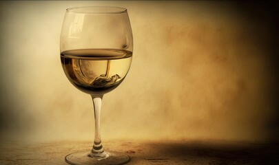  a glass of white wine with a small amount of wine in the middle of the glass, on a table, with a brown background.  generative ai