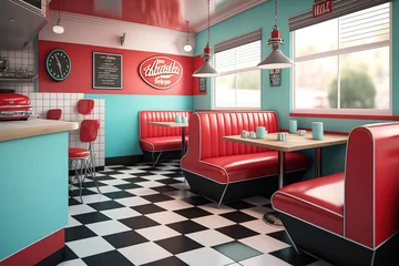 Poster Retro cafe, american diner interior with tables. AI © DZMITRY