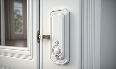  a close up of a white door with a knob and a glass window in the back ground of the door and a white door handle on the door.  generative ai