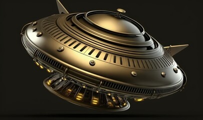  a golden model of an alien ship with lights on it's sides and a black back ground with a black back ground and a black background.  generative ai
