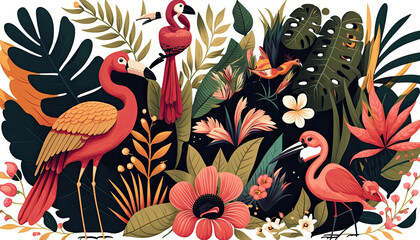 Naklejka premium Pattern with exotic birds and tropical leaves. Floral decoration. Abstract background. Created with Generative AI