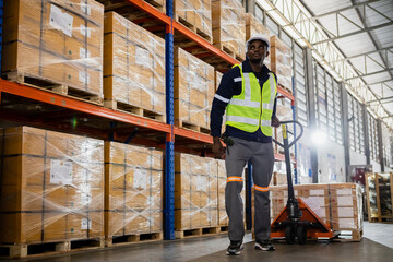 Fototapeta premium Warehouse industrial stock storage, man worker wear safety uniform push load cart product to shelf in warehouse store. business logistics and transport.