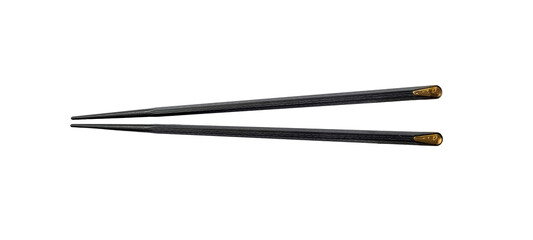 Japanese black lacquered wood chopsticks with cherry blossom branch design. Chopsticks are typically used as the eating utensils. Isolated on white background.