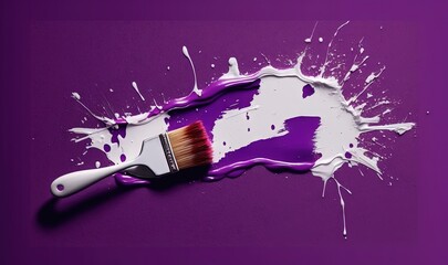  a paintbrush with purple and white paint splattered on it's side and a hole in the middle of the paint that has been spilled.  generative ai - obrazy, fototapety, plakaty