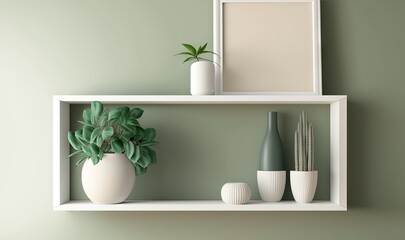 Obraz na płótnie Canvas a white shelf with two vases and a plant on top of it and a picture frame above it on a green wall behind it. generative ai