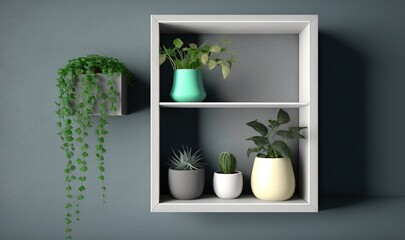  a white shelf with three plants and a potted plant on top of one of the shelves and a hanging planter on the other.  generative ai