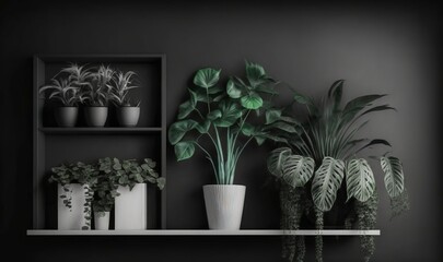  a shelf filled with potted plants next to a wall mounted shelf with a plant on it and a shelf with a plant on it.  generative ai