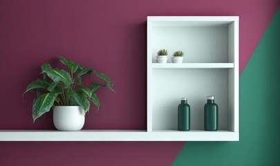 Fototapeta na wymiar a white shelf with a potted plant and two bottles on it, against a purple and green wall, with a green plant in a white vase. generative ai