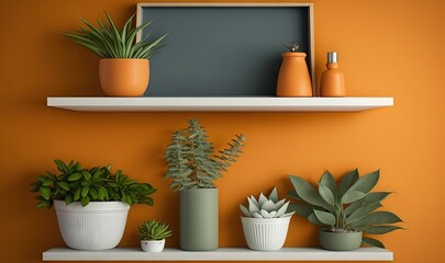  a shelf filled with potted plants on top of a wooden shelf next to a chalkboard and a chalkboard on the wall behind it.  generative ai