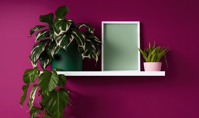  a potted plant sitting on top of a shelf next to a mirror and a potted plant on top of a shelf next to a potted plant.  generative ai