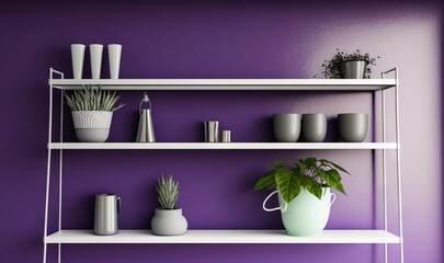  a shelf with a potted plant and cups on it in a room with a purple wall and a white shelf with a plant on it.  generative ai