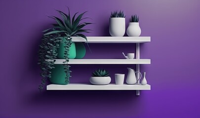  a shelf filled with potted plants on top of a purple wall next to a white shelf filled with white vases and plants on top.  generative ai