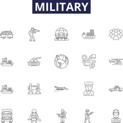 Military line vector icons and signs. navy, marines, airforce, air-defense, warfare, infantry, weapon, combat outline vector illustration set