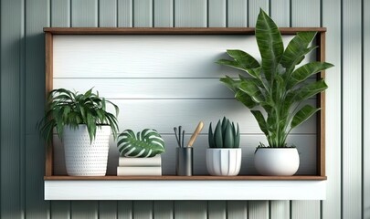  a shelf with a plant and a potted plant on top of it and another potted plant on the other side of the shelf.  generative ai