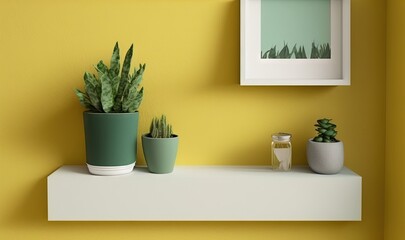  a yellow wall with two potted plants and a picture on the wall above it with a white framed picture above the potted plant.  generative ai