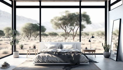Tranquil and spacious modern bedroom flooded with natural light from the expansive French windows, Generative AI.