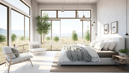A serene oasis - Modern bedroom with minimalist decor, sleek furnishings, and breathtaking views, Generative AI.