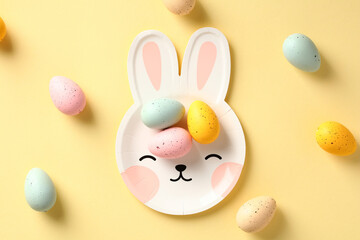 Happy Easter concept. Cute plate in shape of bunny with colorful Easter eggs