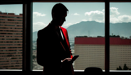 Young businessman in a black suit. There is a large window showing a view of the city with skyscrapers and other buildings. The lighting is bright in the professional setting. Ai generated.