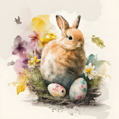 Easter composition ,watercolor style illustration with rabbit in basket and eggs .Happy easter .Ai generation