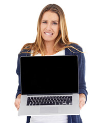 Could you show me how this works. A young woman holding a laptop - isolated.