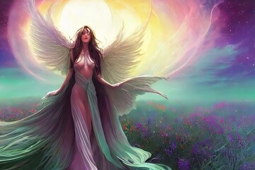 angel woman with big white wings on a blooming field generative ai 