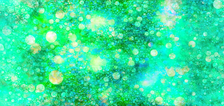 Abstract spring and sommer background in green, turquoise and blue. Batik-style, dots and circles blurred, structures for background. Generative AI.
