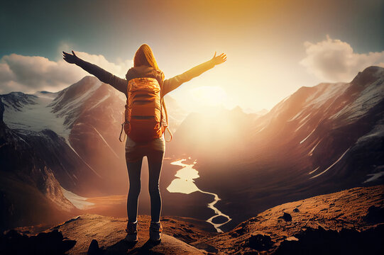A girl in a hood with a backpack on top of a rocky mountain looks at the sunset